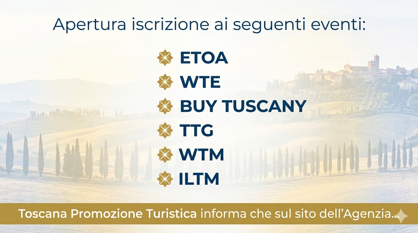 Apertura iscrizione ai seguenti eventi: ETOA, WTE, BUY TUSCANY, TTG, WTM e ILTM